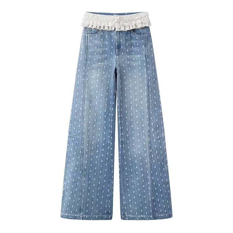 Spot 2025 Spring New Fashion Splicing Lace Waist Casual Pants Wide Leg Jeans Lf25X11Np229