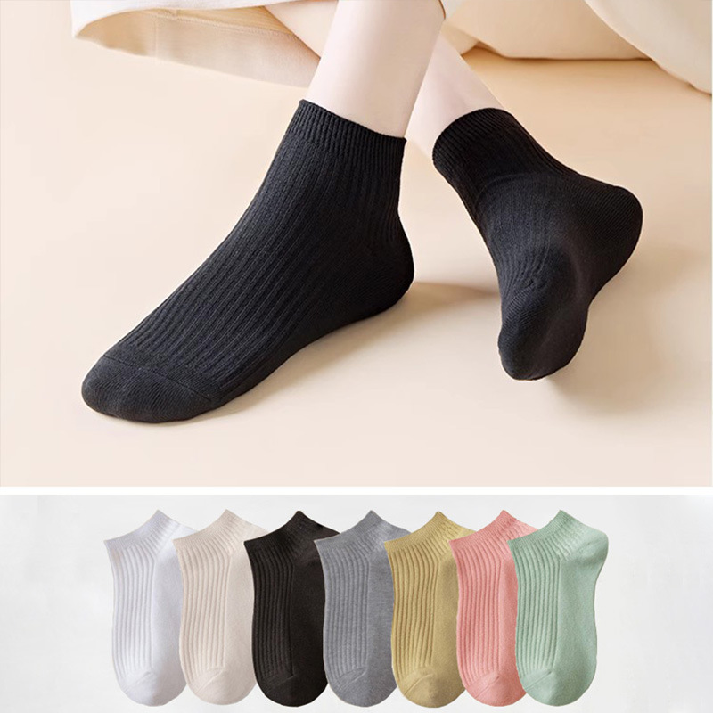 Socks Women's Summer Short Tube Pure Cotton Socks Double Needle Cotton Sports Socks Sweat Absorbing White Basic Boat Socks ins