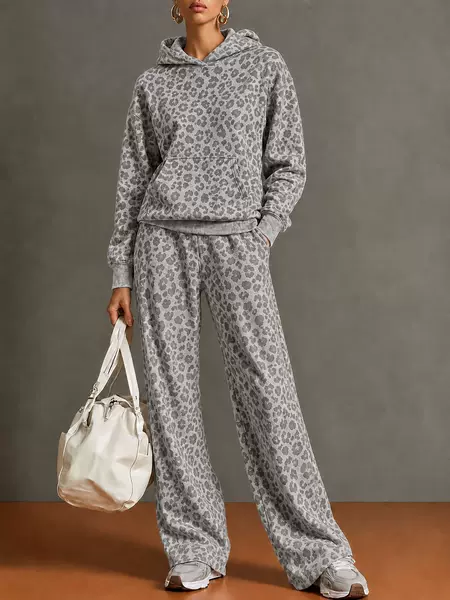 2026 Autumn/Winter European and American Cross-Border Women's Vintage Leopard Print Hooded Sweatshirt and Wide-Leg Pants Casual Sports Two-Piece Set