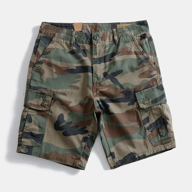 Pantalones de algodón pesado y sueltos americanos de bolsas de trabajo pantalones cortos retro para hombres pantalones casuales de camuflaje rectos