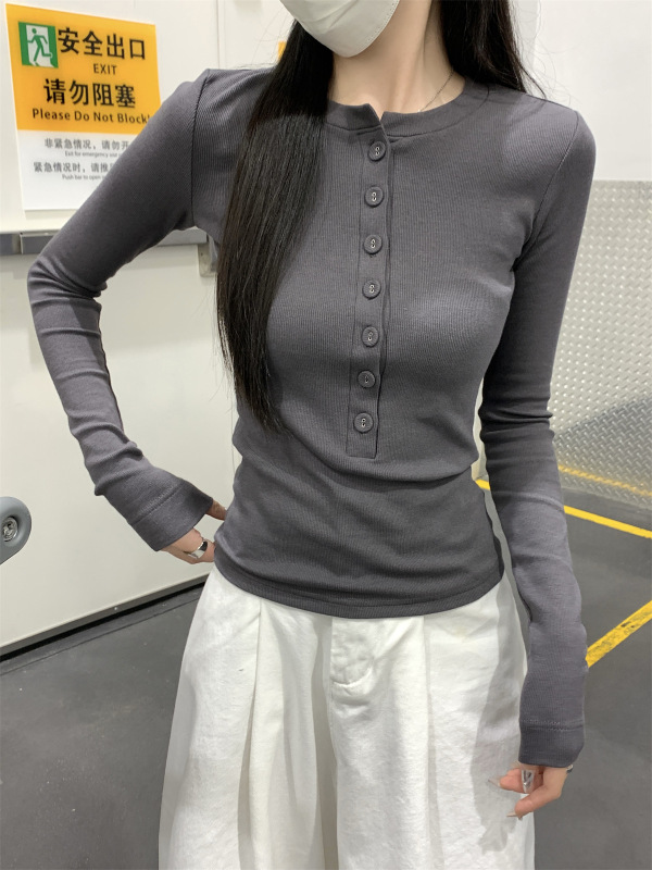 实拍早秋韩版设计感单排扣圆领修身显瘦通勤百搭长袖T恤上衣88350|undefined