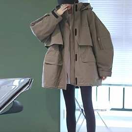 情侣设计感小众工装风衣连帽休闲新款韩版收腰宽松工装棉衣外套新