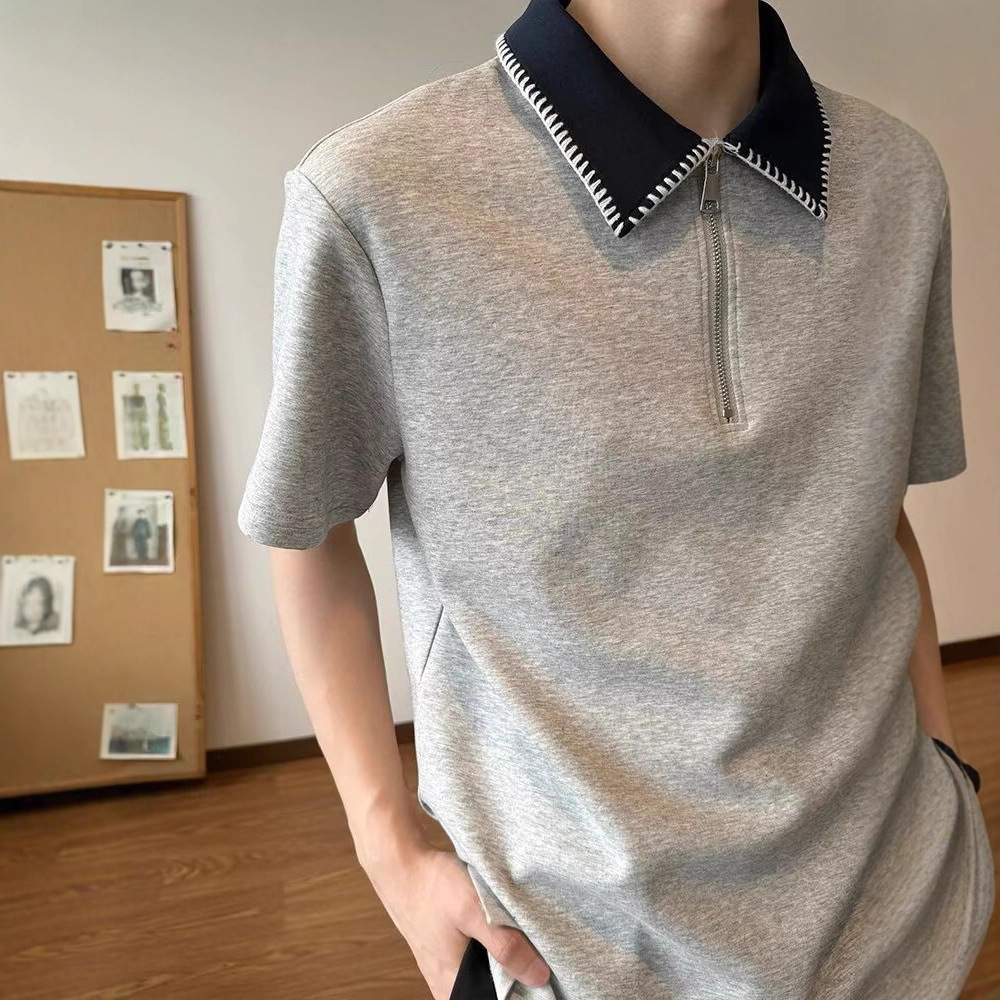 Designed Half-Zip Polo Shirt Short-Sleeved Men's Summer American Retro Half-Sleeved High-End Contrasting Color Lapel T-Shirt