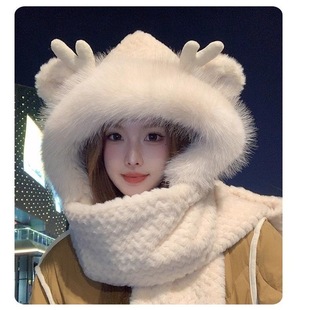 Winter New Thickened Cold-proof Small Deer Horns Furry Warm Ear Protection Three-piece Scarf Gloves One-piece Pullover