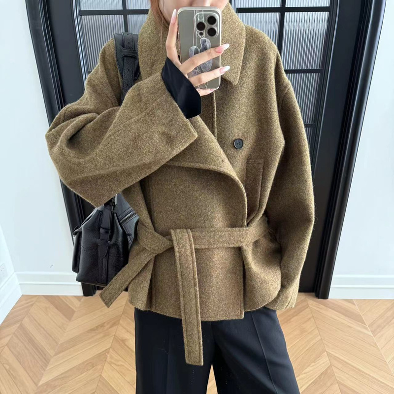 Kim Min-Hee Lem* Alpaca Wool Diagonal Lapel Lace-Up Short Bathrobe 25 Autumn and Winter Asymmetric Double-Breasted Woolen Jacket