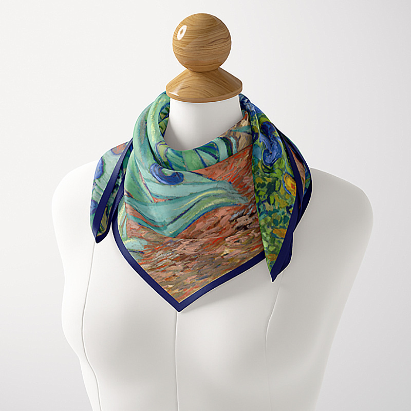 Van Gogh pintura al óleo flor artística pequeña bufanda cuadrada nueva 53cm de seda artificial de las mujeres bufanda decorativa bufanda de doble uso