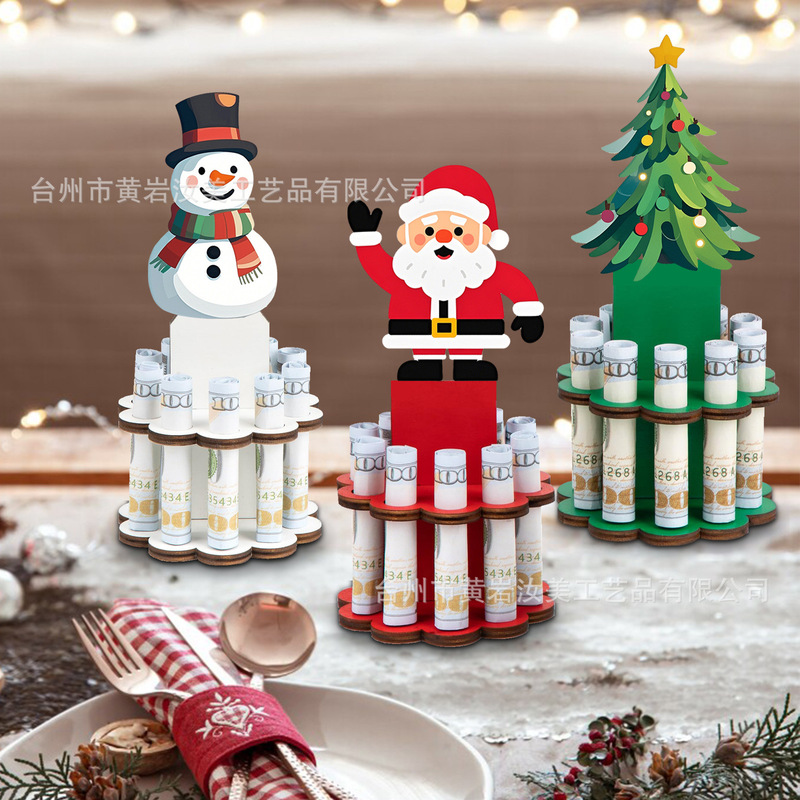 跨境圣诞节钱夹装饰品 创意圣诞老人雪人节日圣诞树木质钱袋摆件|undefined