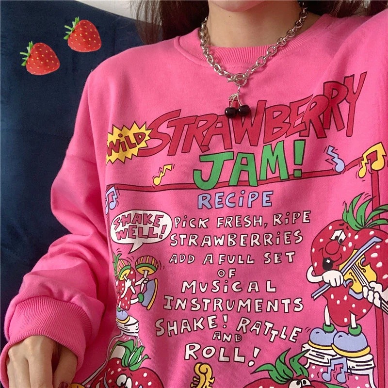 AliExpress Wish Cross-border New Arrival Long-sleeved Crew Neck Loose Street Style Big Strawberry Harajuku Girl's Sweatshirt