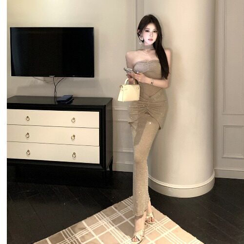 French-Style Light Luxury Elegant Party Dress, Birthday Gown with Rhinestone Embellishments, Strapless Design, Off-Shoulder Bodycon Dress