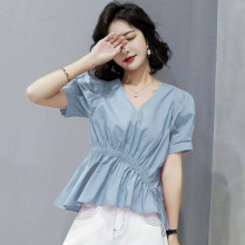 衬衫女士2024年新款夏季泡泡袖上衣设计感小众短袖松紧腰白色衬衣