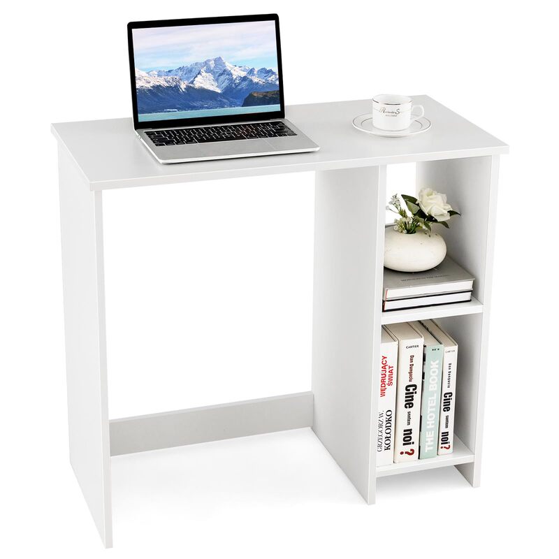 White Small Desk with Shelf Compact Desk for Small Spaces Study Writing Desk with Two-Tier Shelves