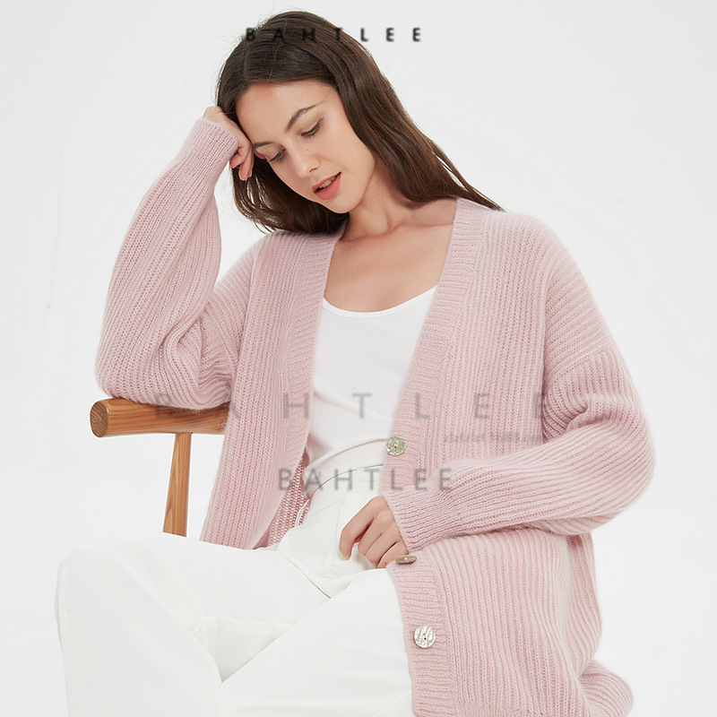 Autumn and Winter JIN Cub Mohair V-neck Shell Buckle Cardigan Knitted Bubble Sleeve Midi Loose Pink
