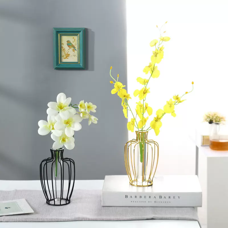 创意金属电镀金属玻璃水培花瓶客厅餐桌铁艺花瓶装饰家居鲜花插瓶