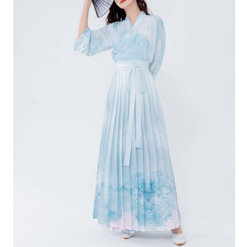 New Chinese Style suit Summer Chiffon Daily Hanfu Commuter Printed Pleated Skirt with Collar Blue Antique Guofeng Han Elements
