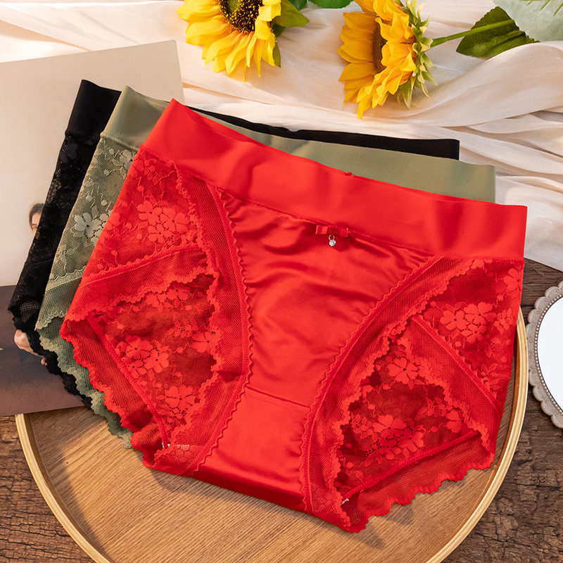 Sexy Lace Panties for Women in Their Zodiac Year, Cotton Crotch, Plus Size, Mid-High Waist, Seamless, Light Luxury Satin Breathable Briefs