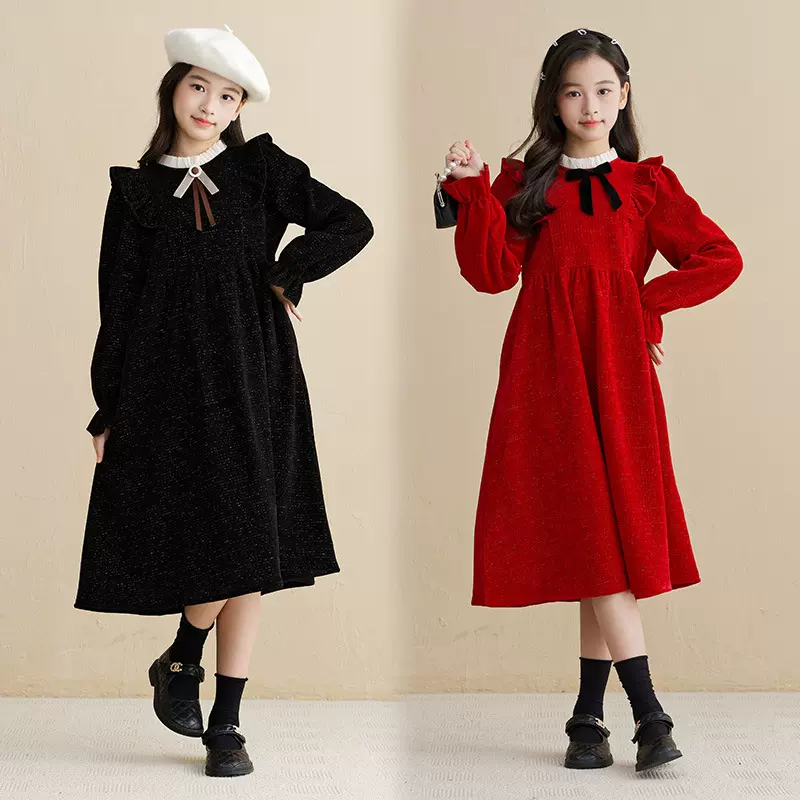 女童秋冬复古蝴蝶结连衣裙新款长袖胖妹妹收腰儿童泡泡袖长裙加绒