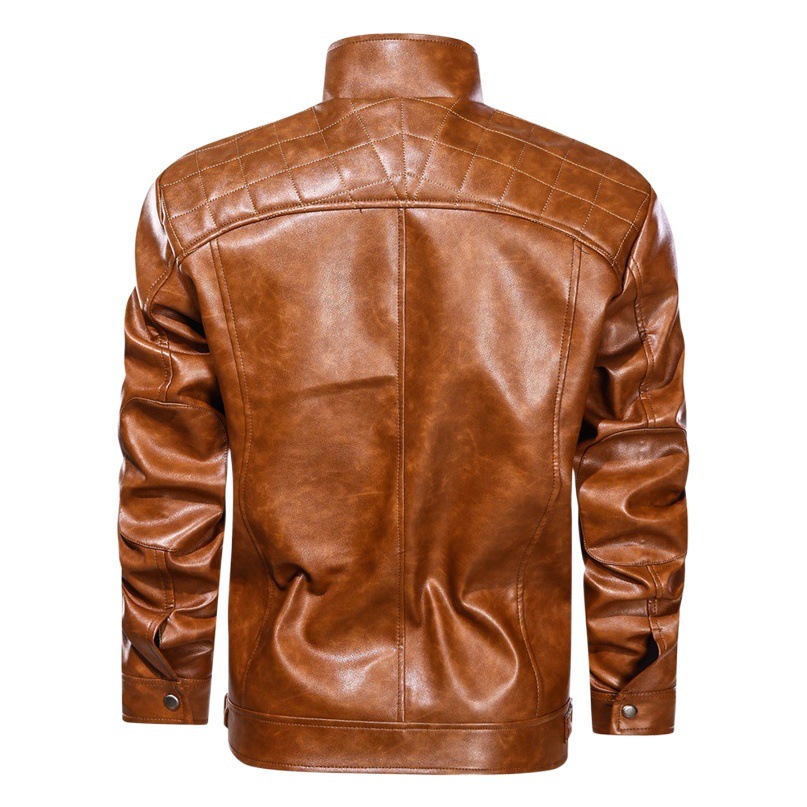 Invoicable Amazon Autumn and Winter Straight Hem Side Pocket Non-Hooded Biker Leather Jacket European and American Youth Stand Collar