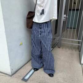 夏季新款格子宽松cleanfit阔腿可拆卸多纽扣中低腰休闲裤男款