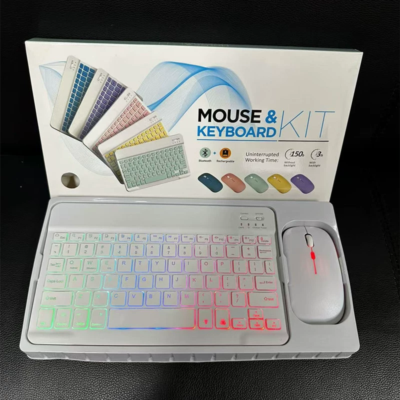 Bluetooth комплект: клавиатура и мышь, 10 дюймов, перезаряжаемые, RGB-подсветка, 3 цвета