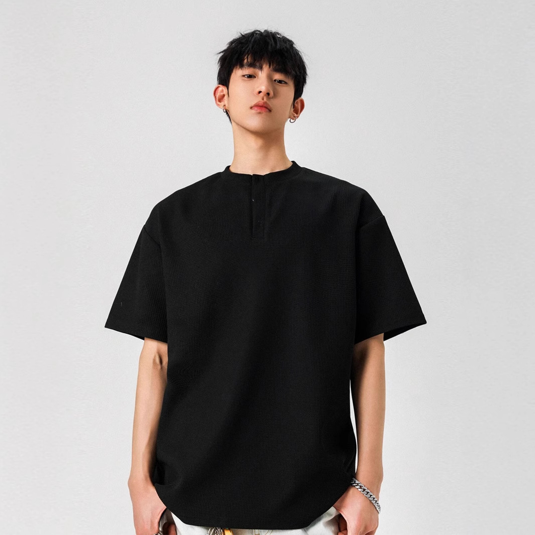 Japonés woffge Henry cuello manga corta hombres y mujeres verano nuevo estilo oversize suelta casual media manga Polo camiseta