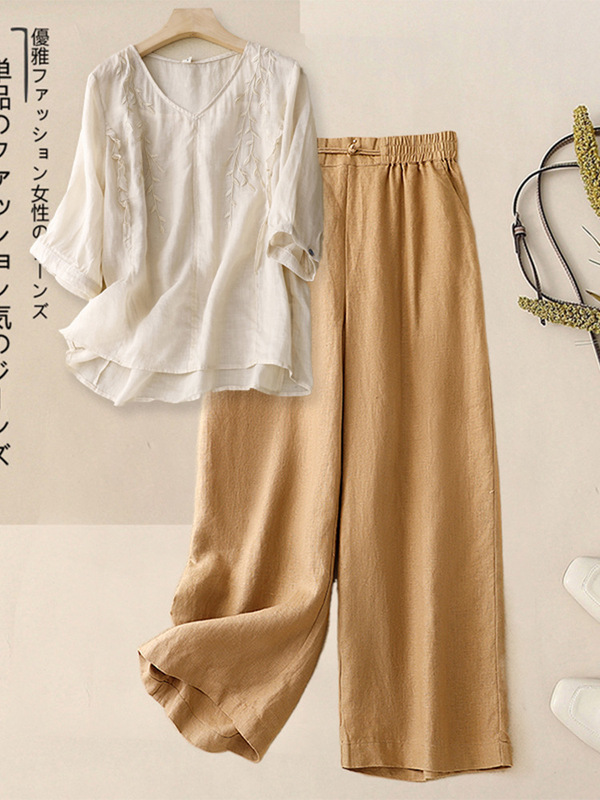 2025 新しい夏のリネンスーツの女性のハイエンド七分袖 V ネック刺繍シャツ綿とリネンのワイドレッグパンツ 2 点セット|undefined
