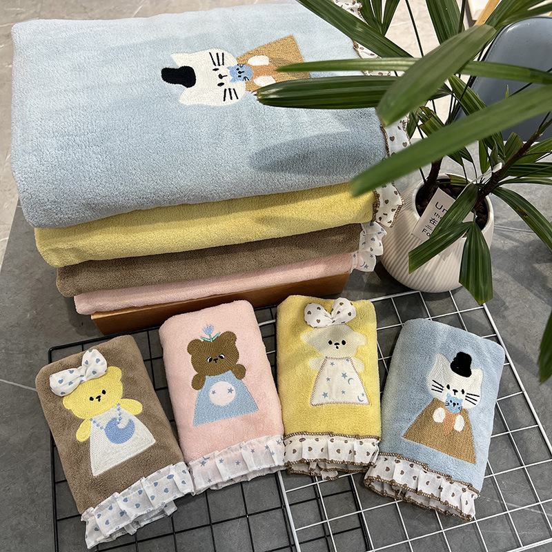 Embroidered Unibear Lace Large Towel, Large Bath Towel, Thickened Hair Drying Towel, Coral Fleece Shower Cap, Hair Drying Cap, Face Towel