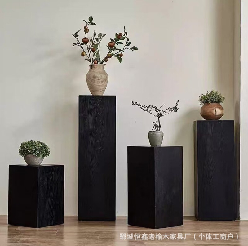 侘寂风方形木墩子坐凳花架树桩茶几边几复古老榆木家具创意摆件|undefined