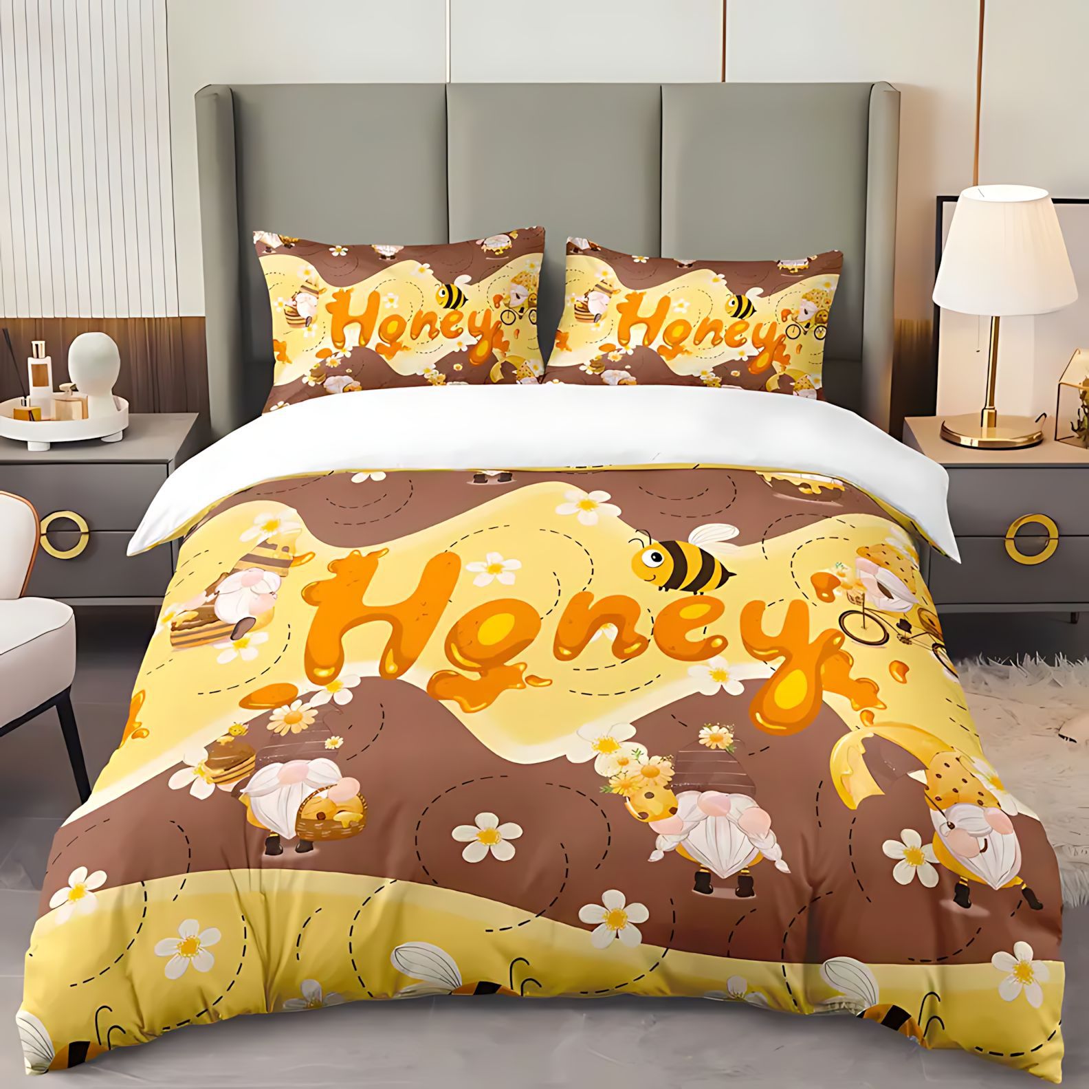 TUME / JIT transfronterizo adorable abeja molida HD impresión digital colcha colcha colcha set de cama