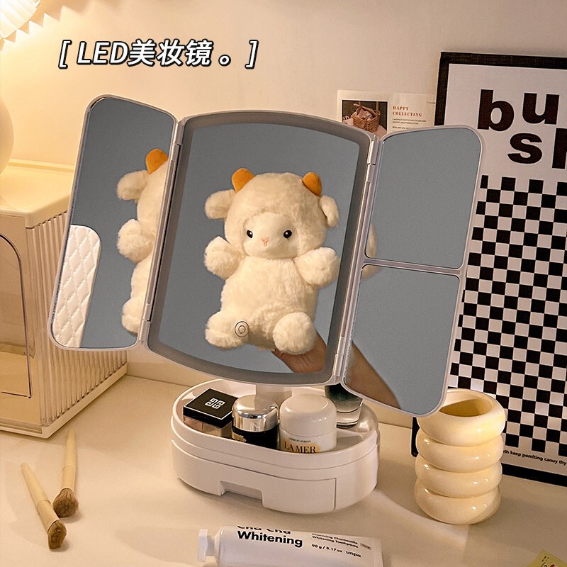 ハイエンドシェル LED バニティミラーデスクトップデスクトップバニティミラー折りたたみ女子学生充電式化粧鏡ライト付き|undefined