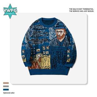 YWFG Fashion Brand Autumn and Winter Full Painted Graffiti Pullover Sweater for Couple Casual Lazy Style Loose Japanese Knitted Sweater for Men