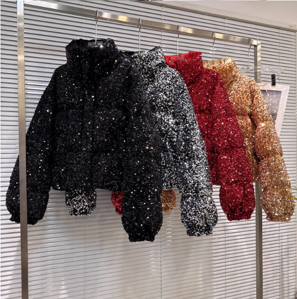 2025 Winter New Fashionable Heavy-Duty Colorfulful Sequin Fabric Stand-Up Collar Warm Bread Jacket down Jacket