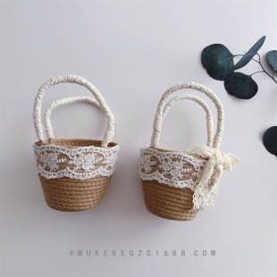 Mori Style Fresh Style Children's Straw Bucket Bag Summer Sweet Style Girl's Holiday Photo Lace Bag Handbag