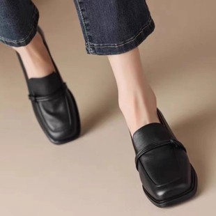 French Fashion Brown Chunky Leather Shoes 2025 Spring New All-match Elegant Retro Style Square Toe Mid-heel Leather Shoes
