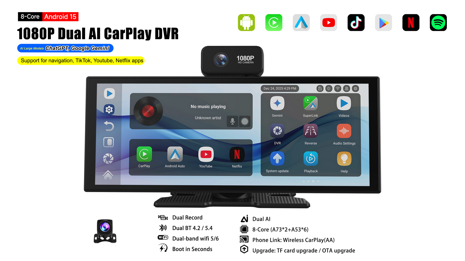 11.4inch Dashcam with Front and Rear Dual Recording, Wireless Carplay, Smart Screen, In-Car Navigation, Large Car Screen