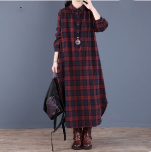 9809# Spring New 2021 Women's Skirt Korean Casual Plaid plus size Single-breasted Long-sleeved dress Women
