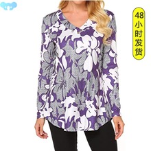 Big size women's collar T-shirt floral loose long-sleeved