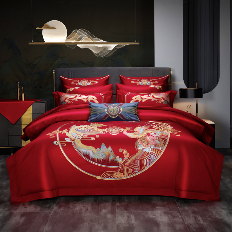 High-end Wedding celebration 160 Cotton Embroidery marry Four piece suit Cotton Embroidery bright red bedding Kit Ten