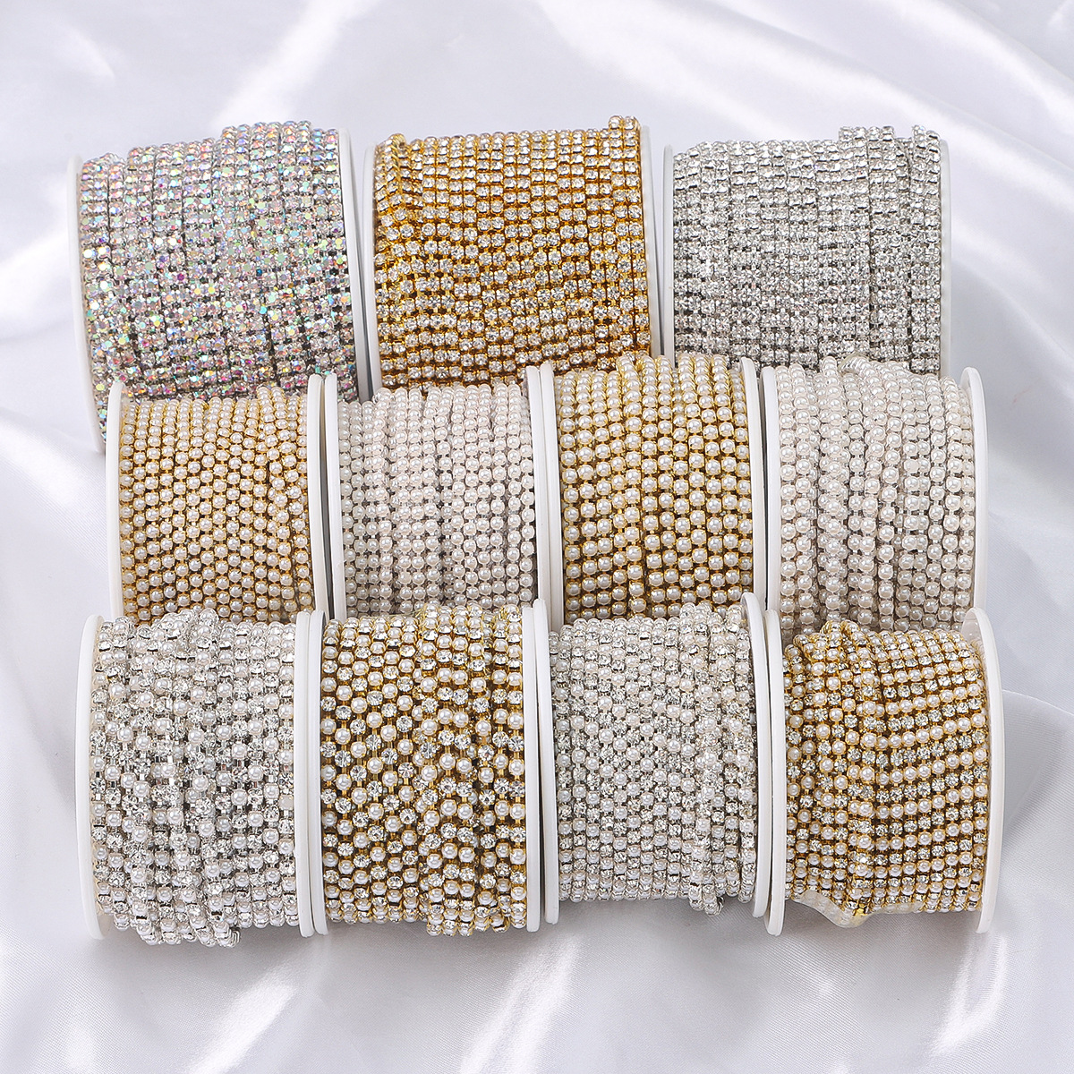 2MM-6mmAB color encryption pearl claw chain strip rhinestone gold and silver bottom claw drill chain mobile phone stick drill chain diy wholesale