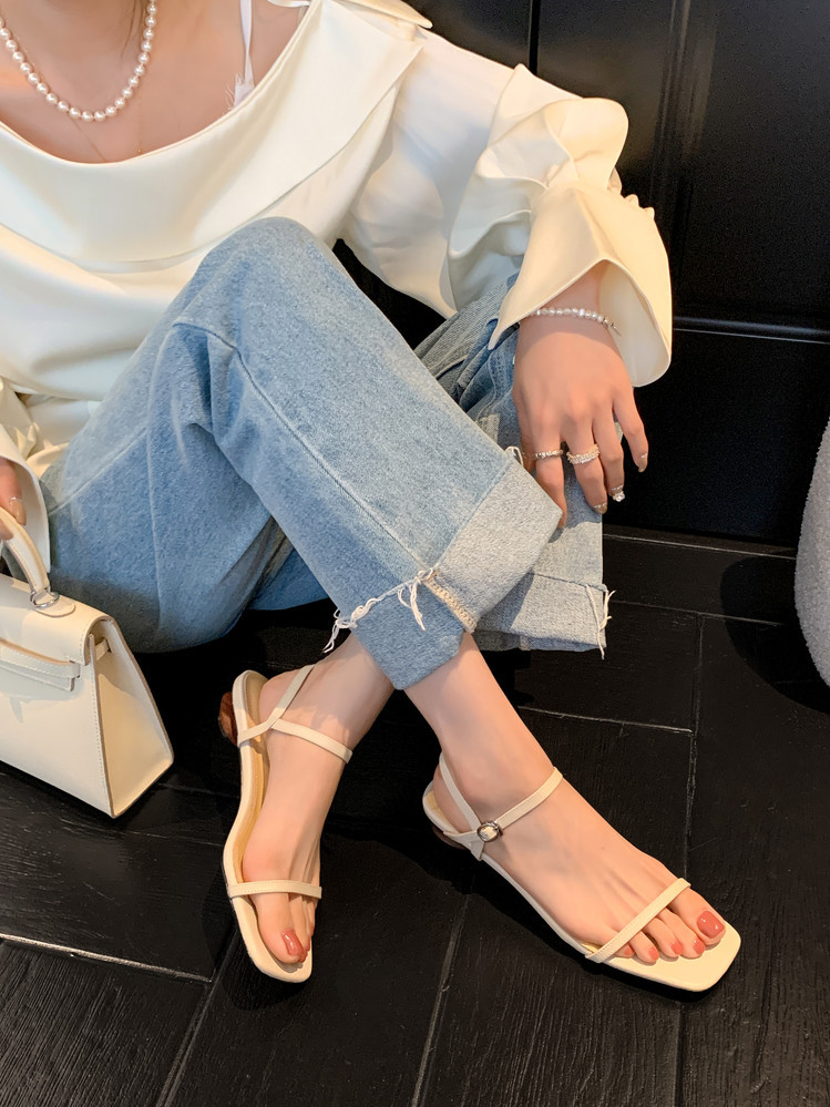 Sandal nữ gót thấp mũi vuông quai một dây hở ngón phong cách Hàn Quốc — đen, Tím, Màu trắng nhạt chi tiết 13