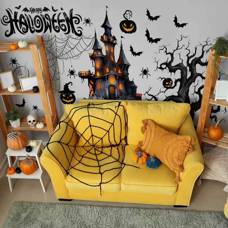 MS7123ハロウィーン黒コウモリクモ城hallowen壁貼り寝室背景装飾壁貼りpvc|undefined