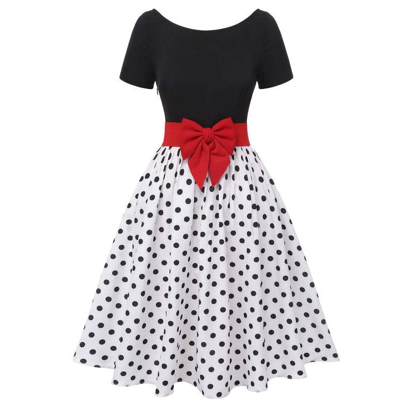 Cross-Border Foreign Trade Women's Retro Polka Dot Red Butterfly Waist Mid-Length Skirt Short-Sleeved Round Neck Retro Style