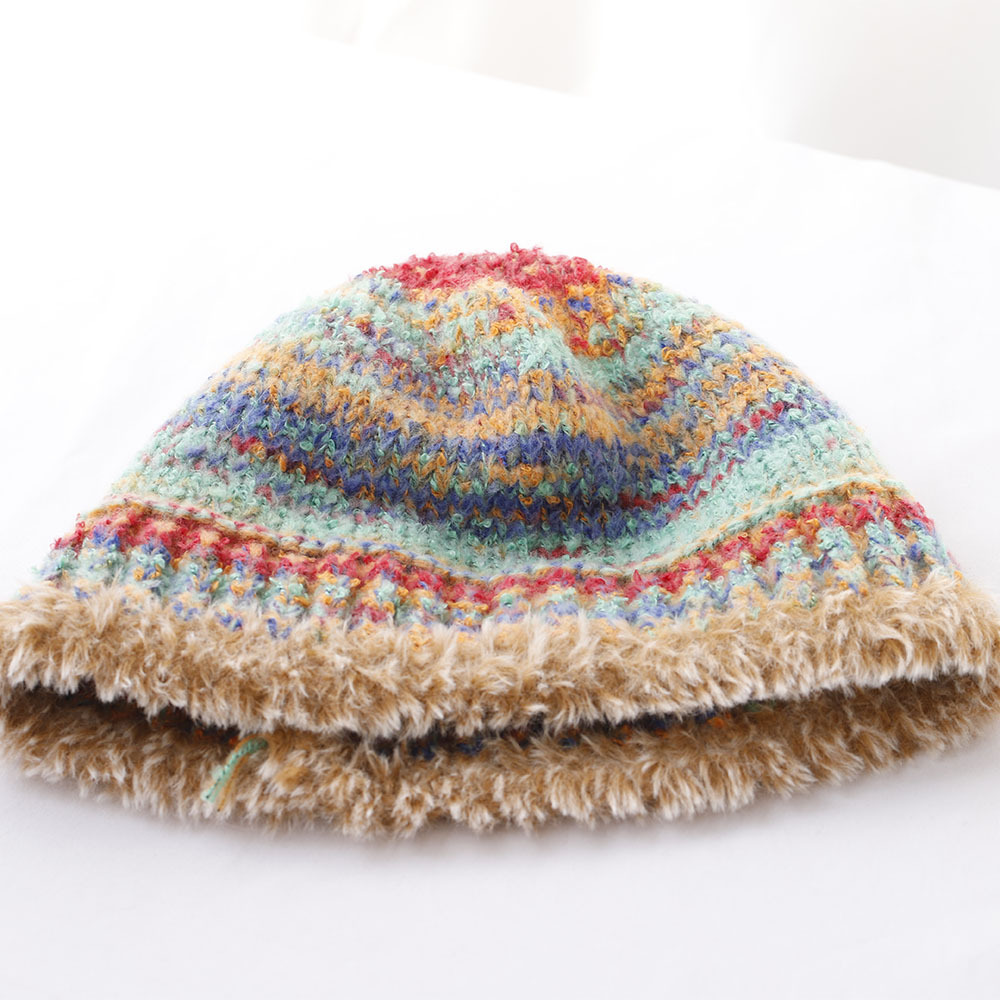 Niche Design Retro-Farbverlauf-Fransen-Strick-Bucket für Damen, Herbst und Winter, warmer Ohrenschutz, Gesichtsformer_voghion.com