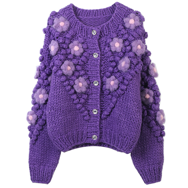 Gentle Sweater Open 2023 Autumn and Winter New Women's Flower Handmade Round Neck Fashion Long Sleeve Purple Knitted Cardigan