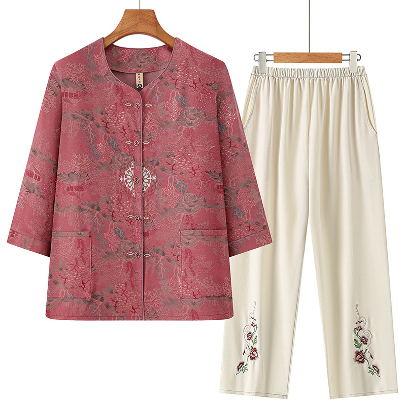 Summer Outfit Set for Middle-Aged and Elderly Women, Thin Shirt, Traditional Chinese Style, Cardigan Two-Piece Set for 70-Year-Old Mom, Grandma