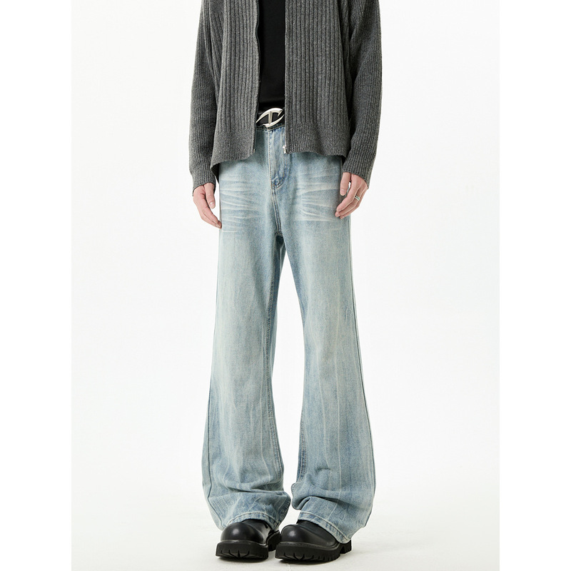American Lightning Pattern Washed Jeans Men's Autum High Street Cleanfit Micro-Flared Pants Trendy Brand Design Pants