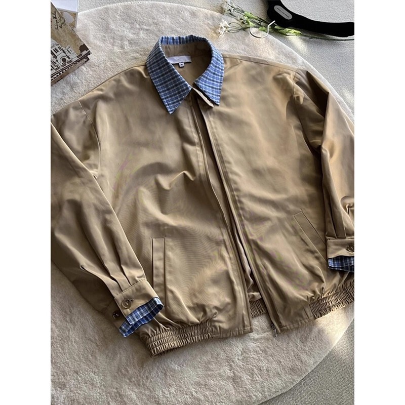 Cleanfit Fake Two-Piece Khaki Jacket Men's Autum Harrington Short Loose Splicing Lapel Flight Jacket