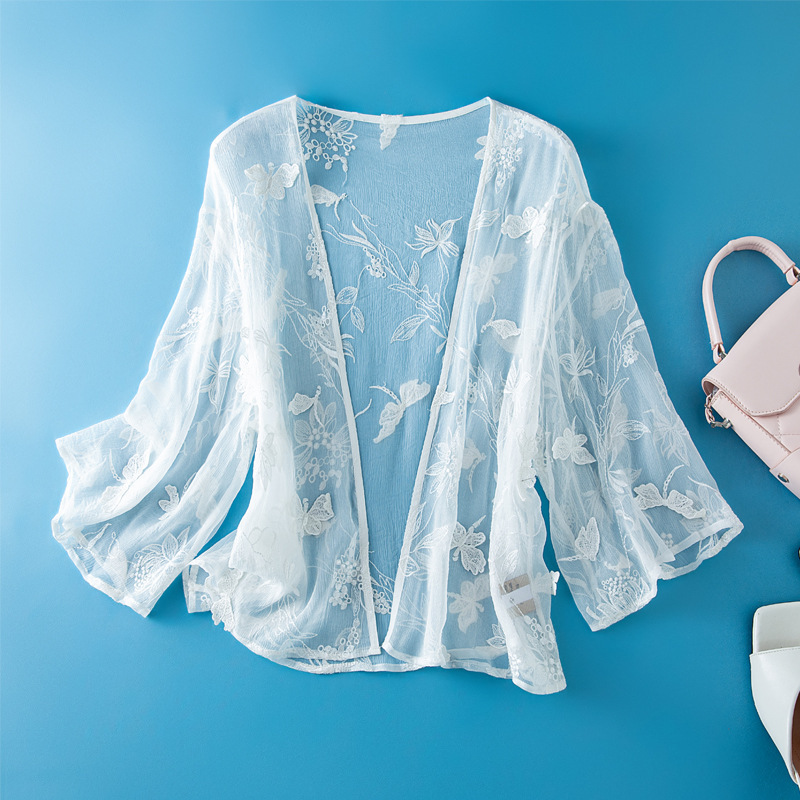Super Fairy Transparent Top Tulle Cardigan Outer Lace Embroidered Short Silk Coat Thin Sunscreen 85104