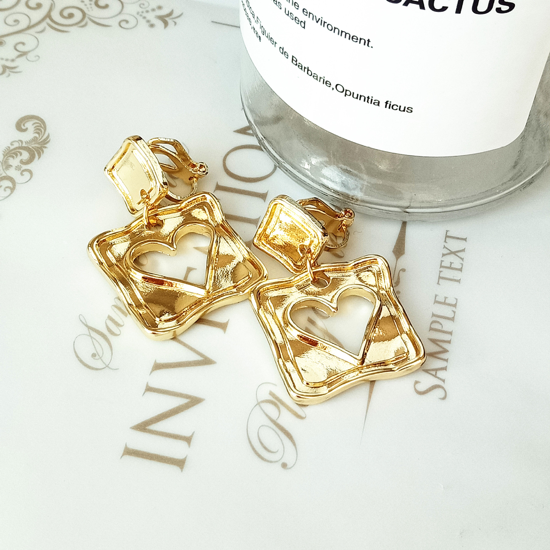 Square, Heart Shape Pattern Retro Square Heart Shape Alloy Hollow Out Earrings