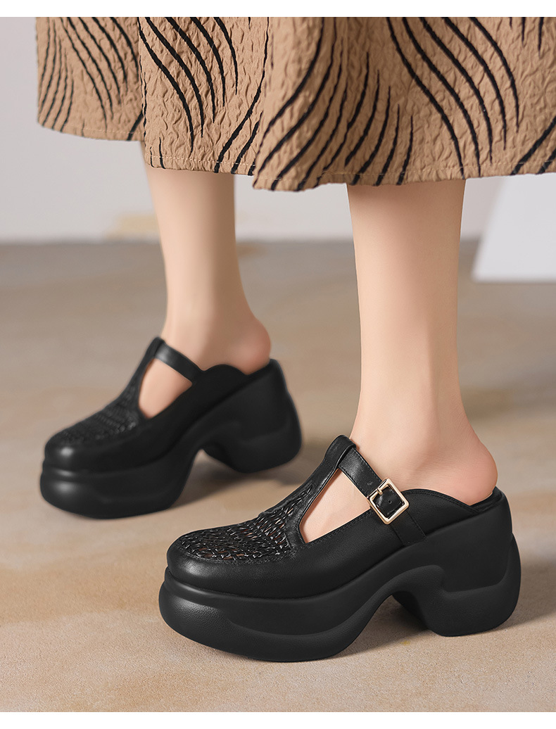 Dép sandal cao gót nữ quai đan gót thô đế dày 9.5 cm — đen chi tiết 1