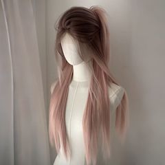 【ヘアフリーネットウィッグ】ウィッグ レディース 新品 ナチュラル ピンク ゴールド グラデーション ロング ストレート ヘア 中間分け 甘くてクールなグラデーション 替えヘアブロック